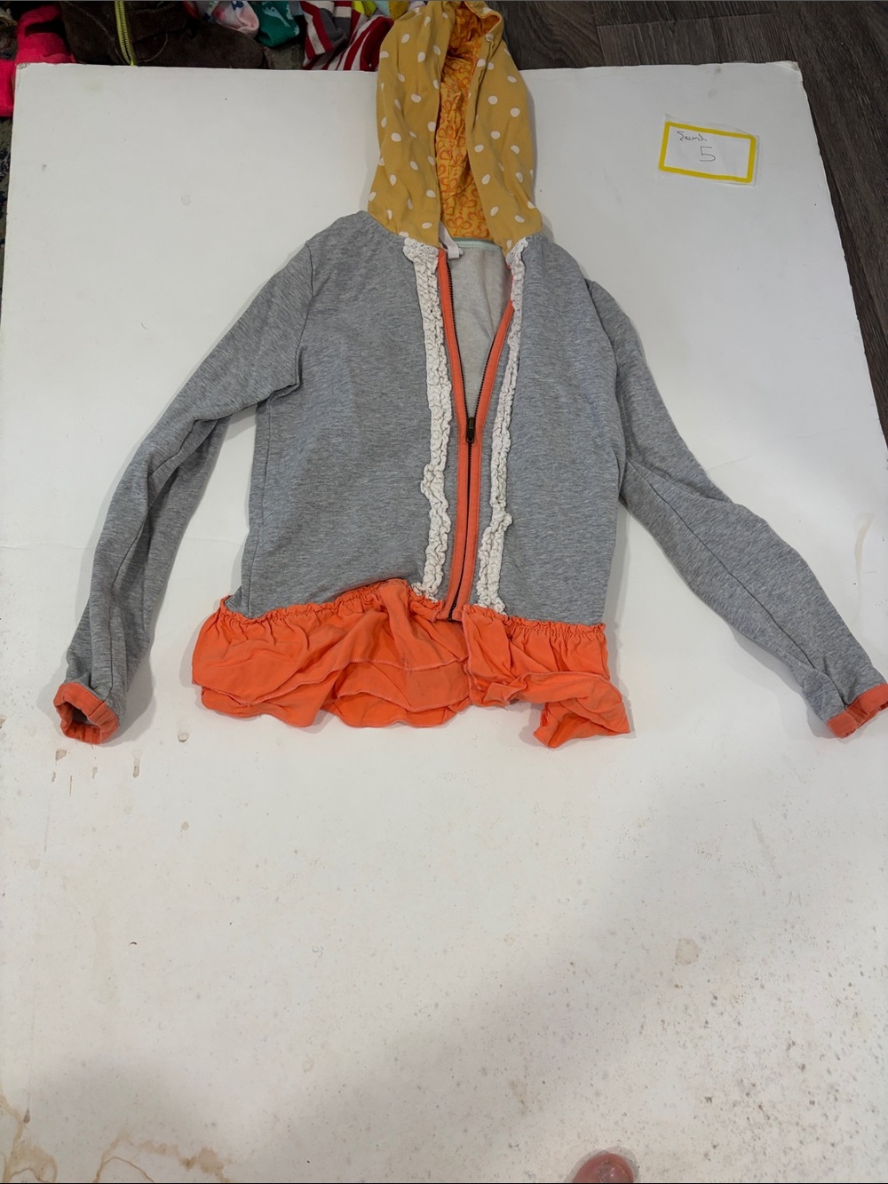 Girls' Gray Zip Hoodie with Orange Ruffle Hem and Yellow Polka-Dot Hood